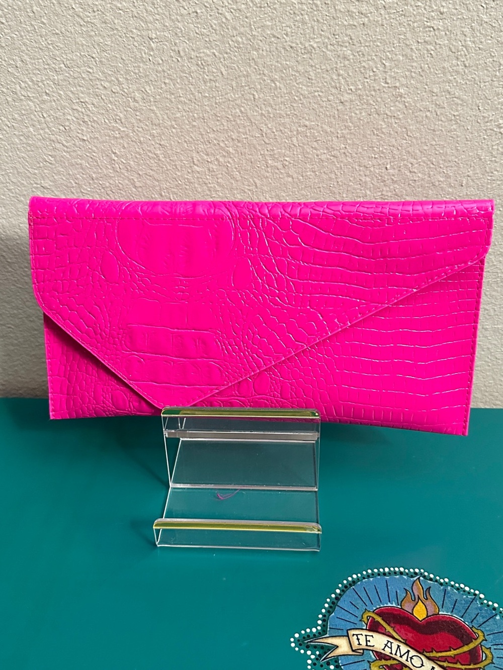Hot Pink Croc-Embossed Envelope Clutch